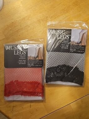 2 Pair Music Legs Lace Top Fishnet Stockings - Red & Black